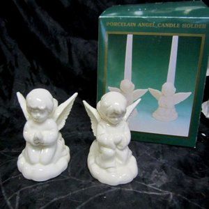 90'S PORCELAIN ANGEL CANDLE HOLDERS PRAYING TAPER HOLDERS IN ORIG BOX